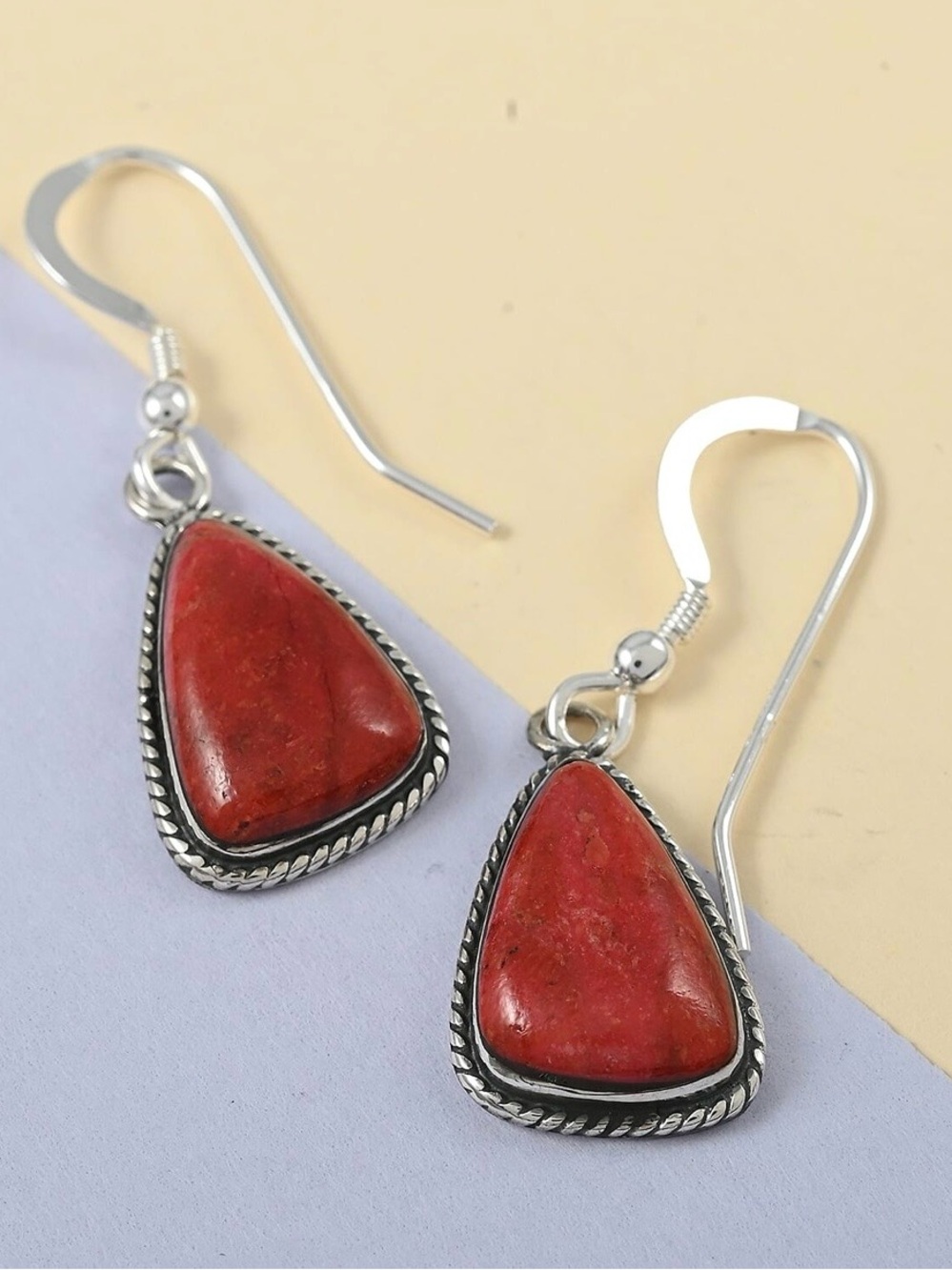 Santa FE Style Enhanced Red Coral Dangle Earrings in Sterling Silver
